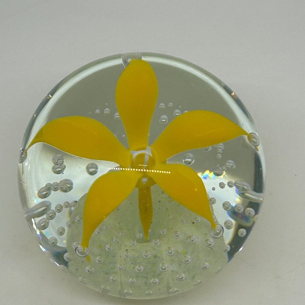 Wheaton Glass Controlled Bubble Paperweight With Yellow Flower Design - Picture 8 of 16